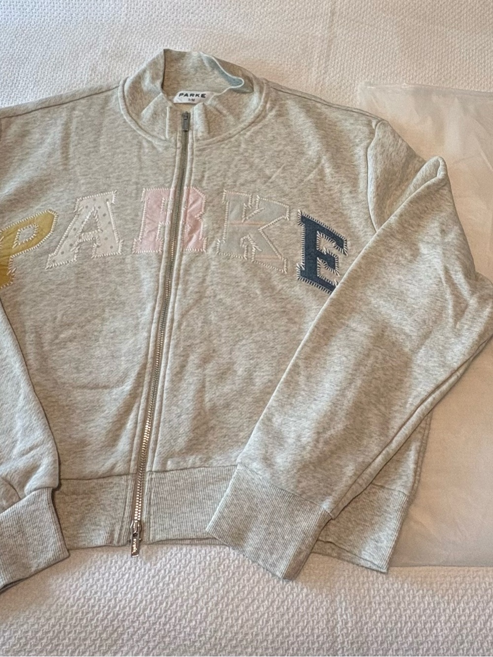PARKE Heritage Patchwork Zip Up Mockneck Sweatshirt Heather Grey S/M Birthday - Picture 3 of 8